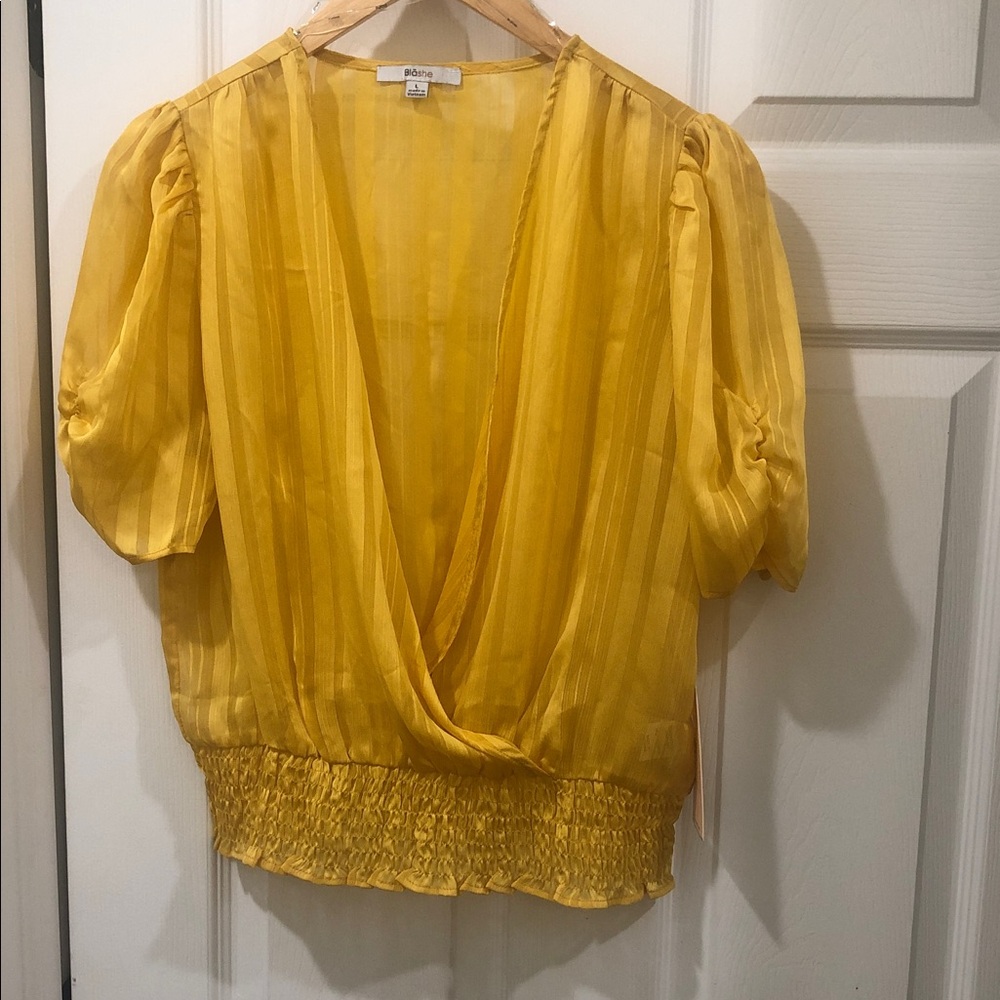 Bright Yellow Surplice Blouse with Smocked Waist